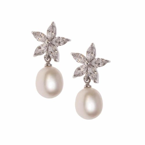 HONG BOCK pair freshwater pearl drop earrings in silver and crystal