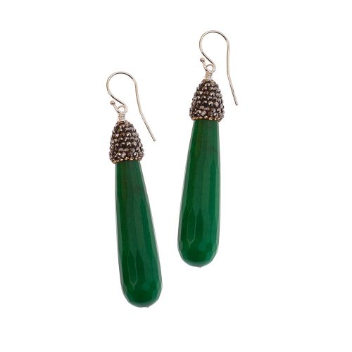 HONG BOCK green jade earrings in silver hooks.