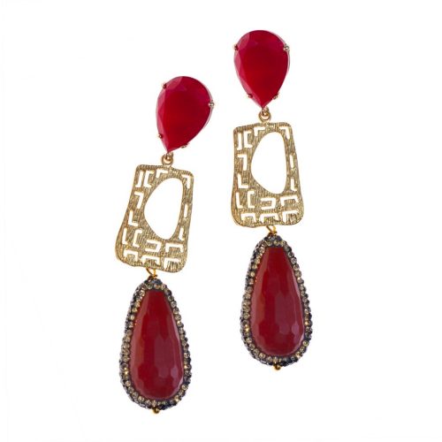 HONG BOCK design earrings in gold and red agate in 70mm long