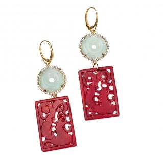 HONG BOCK-Design Ohrringe-rote handgeschnitzt koralle mit helle grüne Jade in Silbervergold