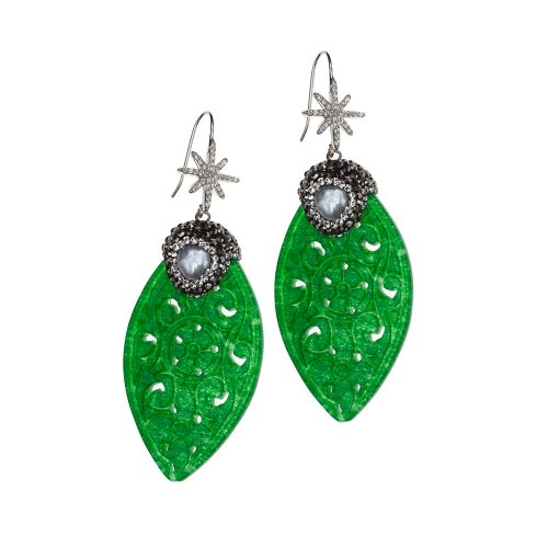 HONG BOCK-Design earrings in green Jade and pearls in silver