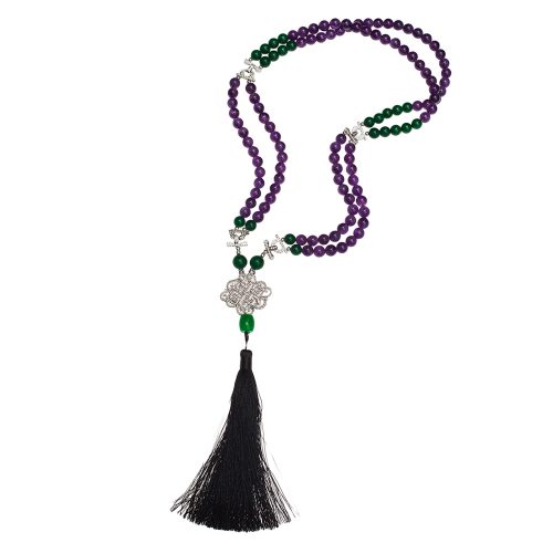 HONG BOCK design necklace made of purple amythiste and green jade with silver amulet