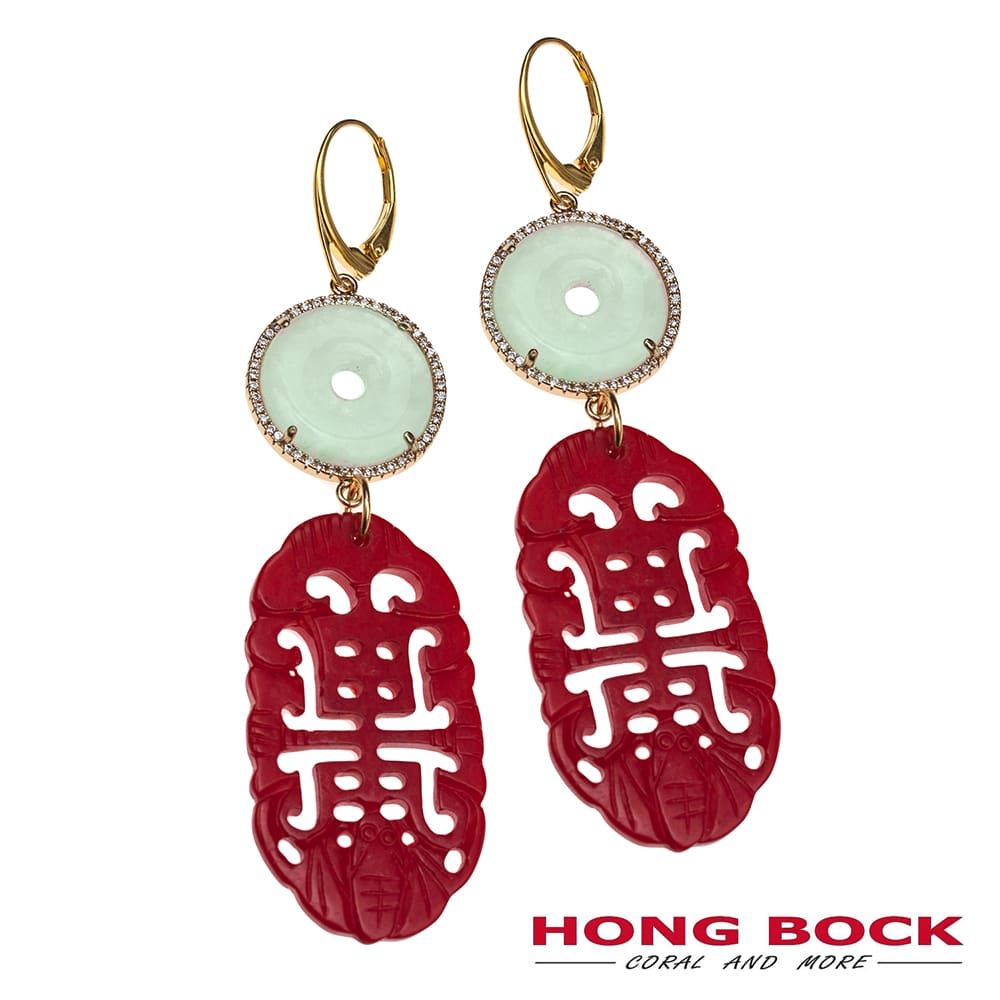 HONG BOCK-Design Ohrringe-rote korallen und hell grüne jade in Silbervergold-0