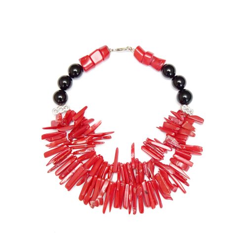 HONG BOCK design necklace made of red bamboo corals + onyx ball
