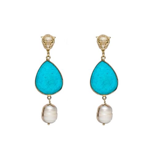 HONG BOCK Design Earrings in Magnesite Turquoise + SWPerle Drops