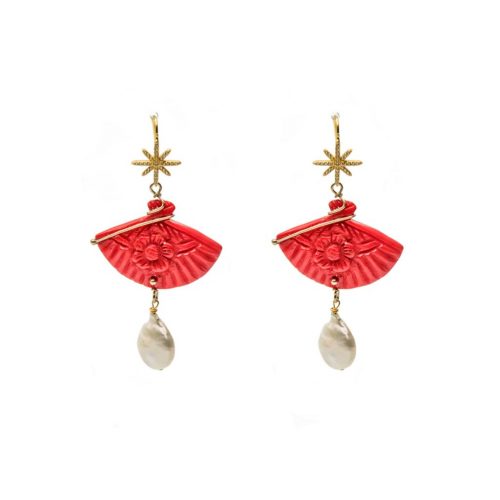 HONG BOCK design earrings made of red bamboo coral fan + SW beads.