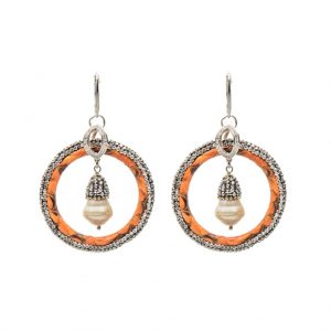 HONG BOCK design earrings / leather circle + cultured pearls with cubic zirconia