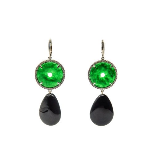 HONG BOCK design earrings made of jade donuts + onyx drops