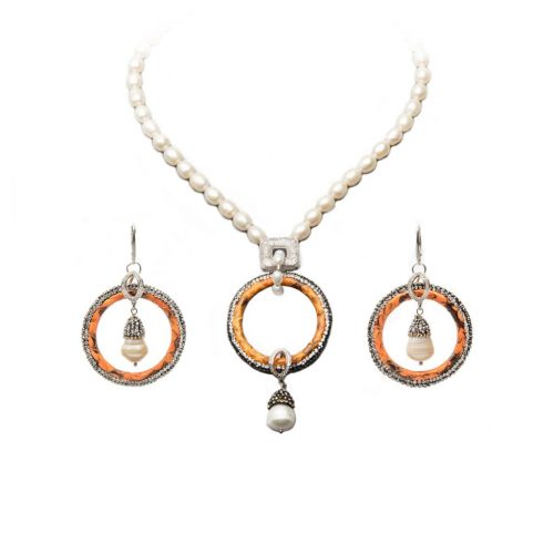 HONG BOCK-Design Kette /Ohrringe aus Süsswasser Perlen + Leder Kreis