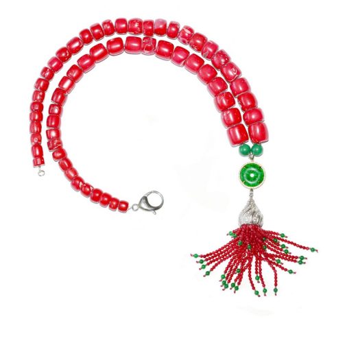 HONG BOCK design necklace made of red bamboo coral and gemstone pendant / silver