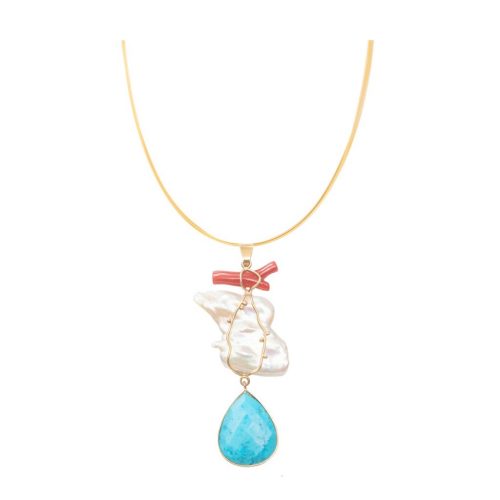HONG BOCK design pendant made of red coral and white pearls + turquoise drops