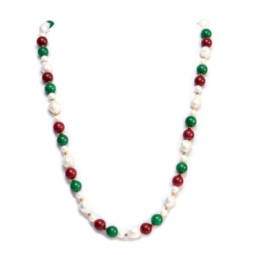 HONG BOCK design necklace made of cultured pearls and red / green agate ball in 80cm long
