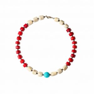 HONG BOCK- Red / White Bamboo Coral Necklace with Turquoise Ball in 43cm long