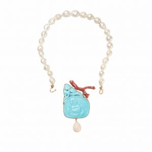 HONG BOCK design necklace made of freshwater breed baroque pearls + turquoise and coral branch