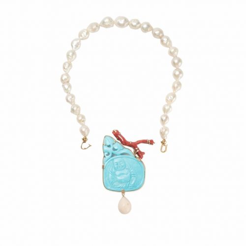 HONG BOCK design necklace made of freshwater breed baroque pearls + turquoise and coral branch