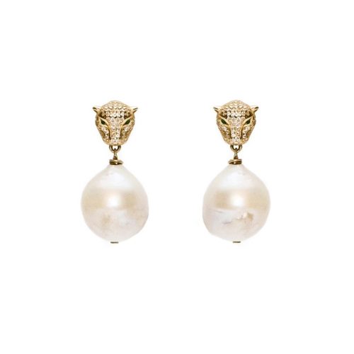 HONG BOCK Baroque Pearl Earrings with Silver Plated Tiger Head