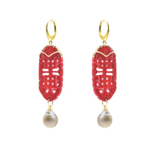 HONG BOCK design earrings made of red bamboo corals and pearls