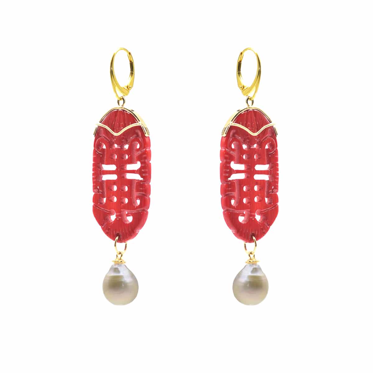 HONG BOCK design earrings made of red bamboo corals and pearls