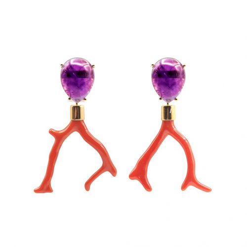 HONG BOCK design earrings made of amethyst and natural coral branches / 18 K GG
