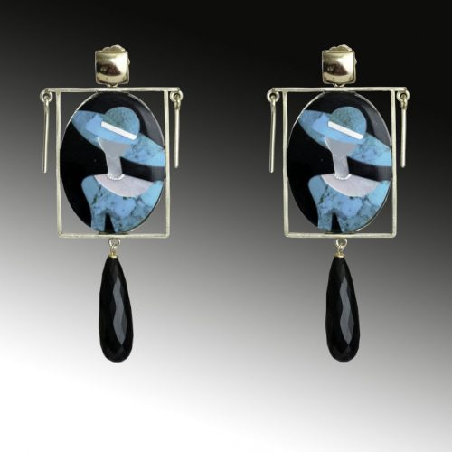 HONG BOCK design earrings / onyx, turquoise, mother-of-pearl lady with hat