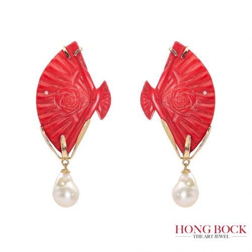 HONG BOCK design earrings made from bamboo corals and freshwater pearls